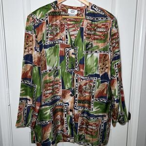 Vintage 80s Silk Button Up Blouse Tunic Large Multicolor Art to Wear Silks